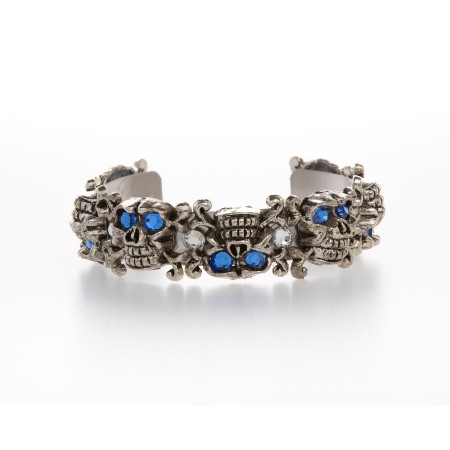 Edgy & Sexy Cuff Bracelet with Silver Skulls w/Genuine Blue Swarovski Crystal Eyes