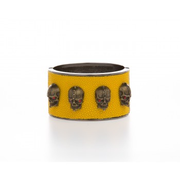 Edgy & Chic Yellow Genuine Stingray Cuff Bracelet w/Skulls