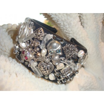Dream Cuff Adorned with a Multitiude of Chic & Cool Charms! Black Leather & Silver 