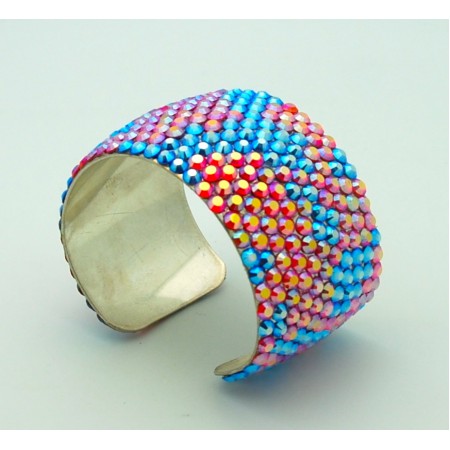 Pretty Silver Bracelet Cuff Adorned with Pink, Red & Blue Genuine Swarovski Crystals 