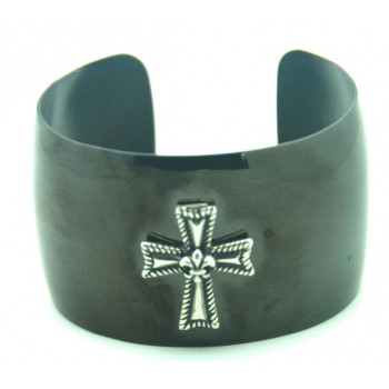 Shiny Charcoal Bracelet Cuff w/Sterling Silver Cross