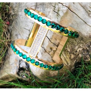 Genuine Swarovski Bracelet Cuff in Gold with Green Cross T